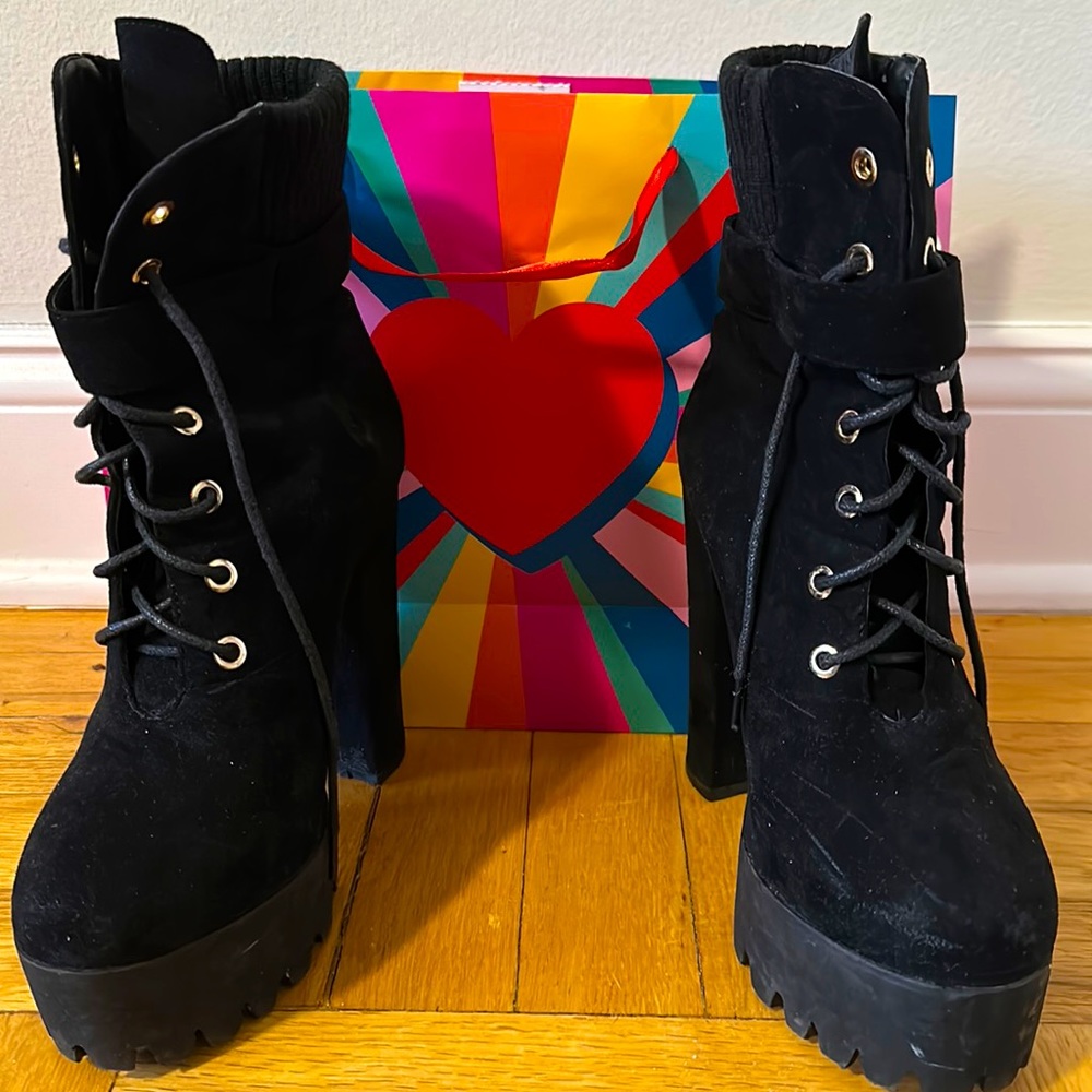 Black platform chunky boots lace up buckle booties sexy nyc style night out